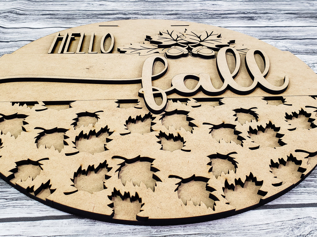 3D HELLO fall with Leaves Acorns and Leaf Overlay Door Hanger Unfinished Kit