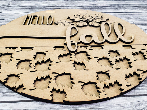 3D HELLO fall with Leaves Acorns and Leaf Overlay Door Hanger Unfinished Kit