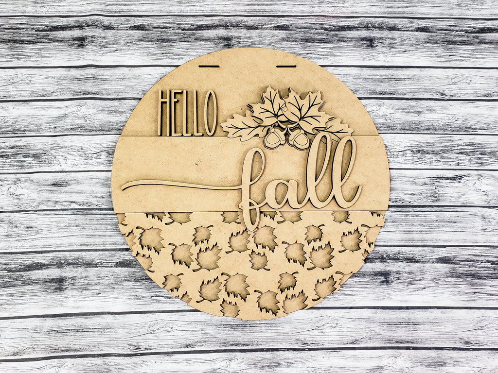 3D HELLO fall with Leaves Acorns and Leaf Overlay Door Hanger Unfinished Kit