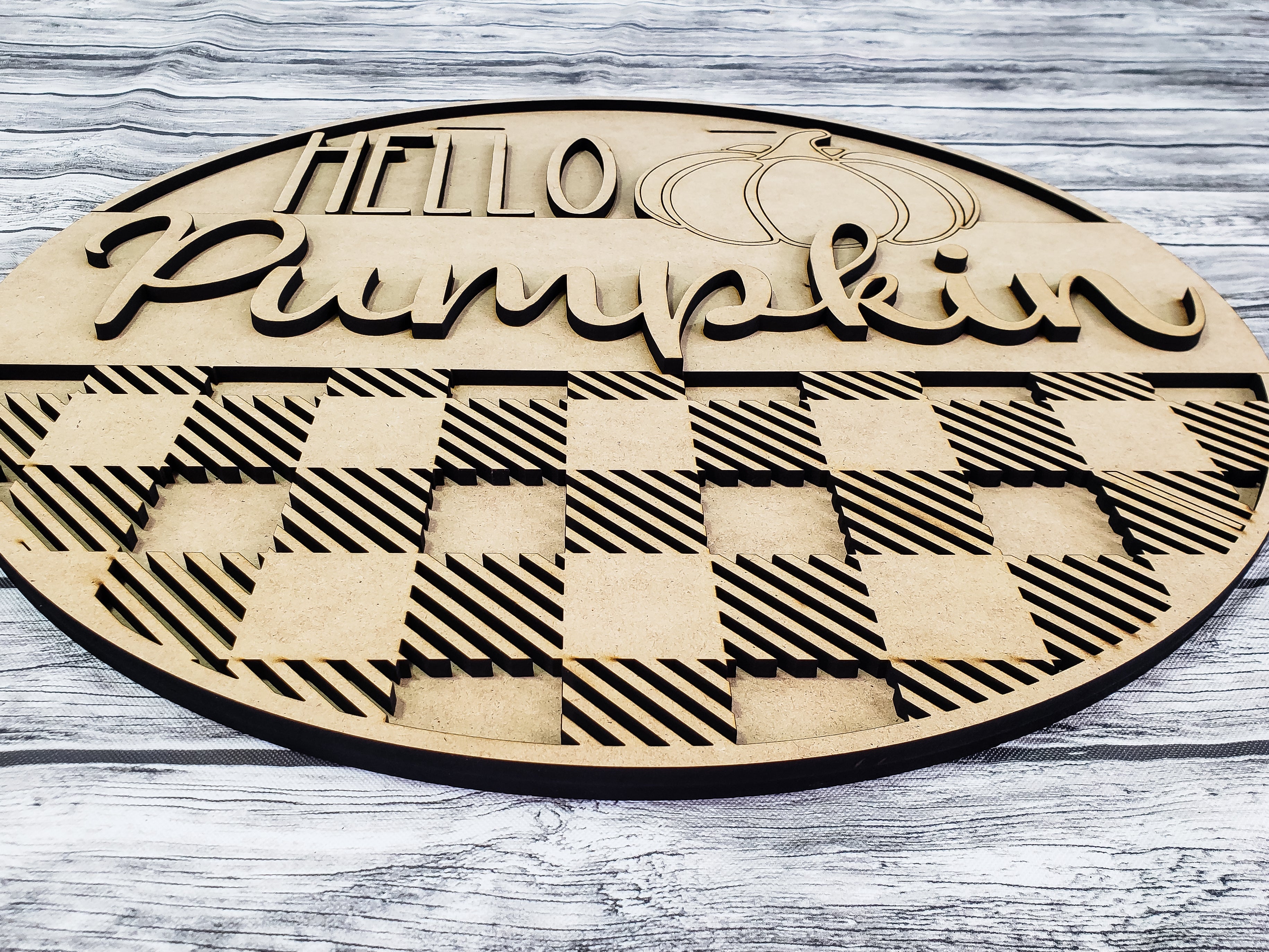 HELLO Pumpkin with Buffalo Plaid Overlay Door Hanger Unfinished Kit