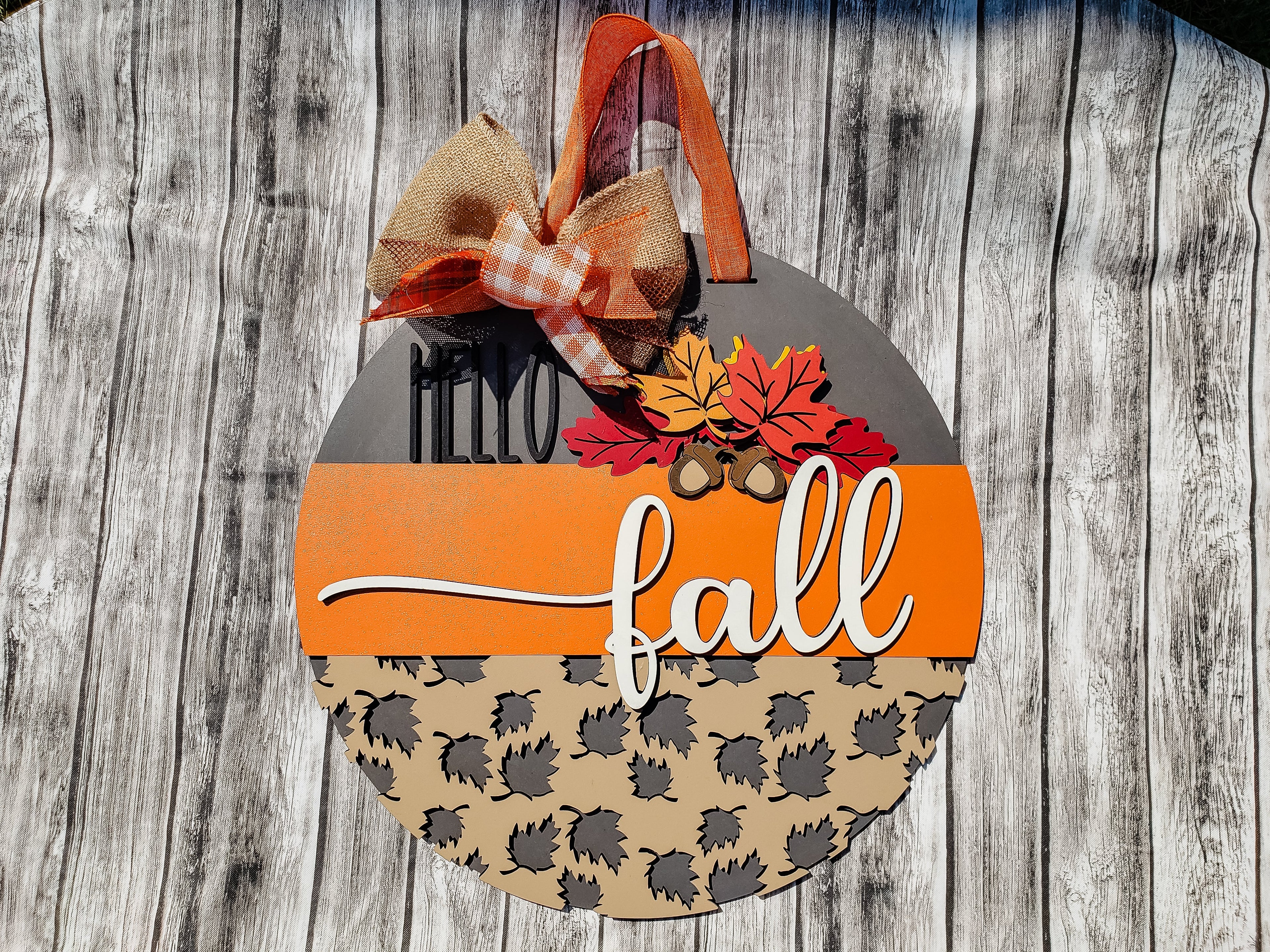 3D HELLO fall with Leaves Acorns and Leaf Overlay Door Hanger Unfinished Kit