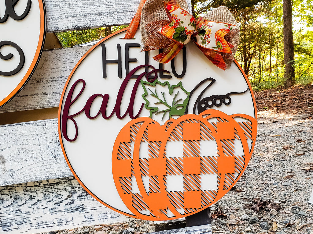3D HELLO fall with Buffalo Plaid Pumpkin Door Hanger Unfinished Kit