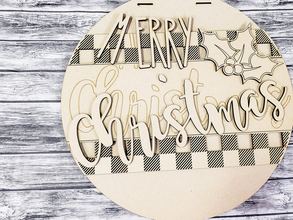 MERRY Christmas Holly Buffalo Plaid Door Hanger Unfinished Kit