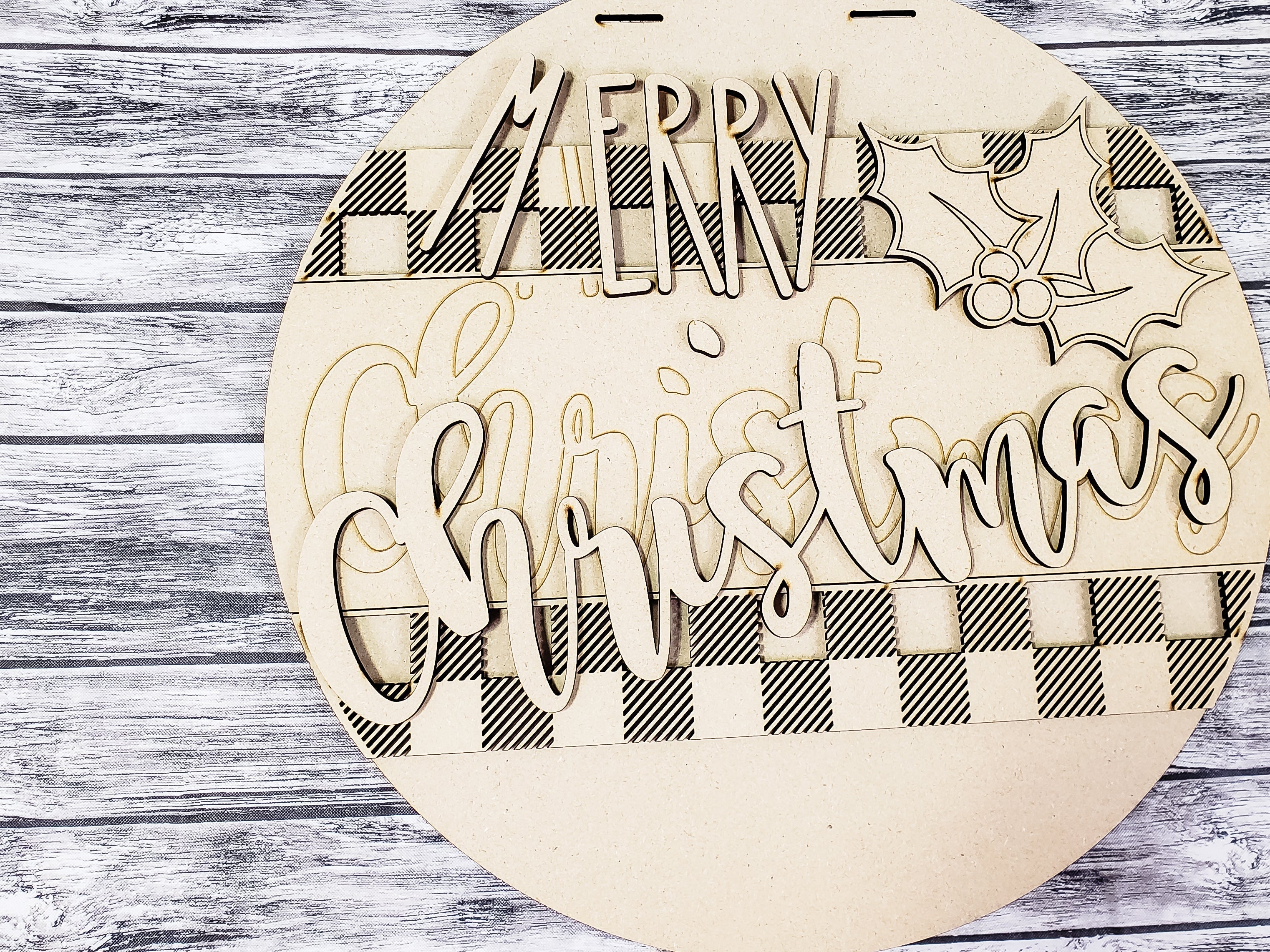 MERRY Christmas Holly Buffalo Plaid Door Hanger Unfinished Kit