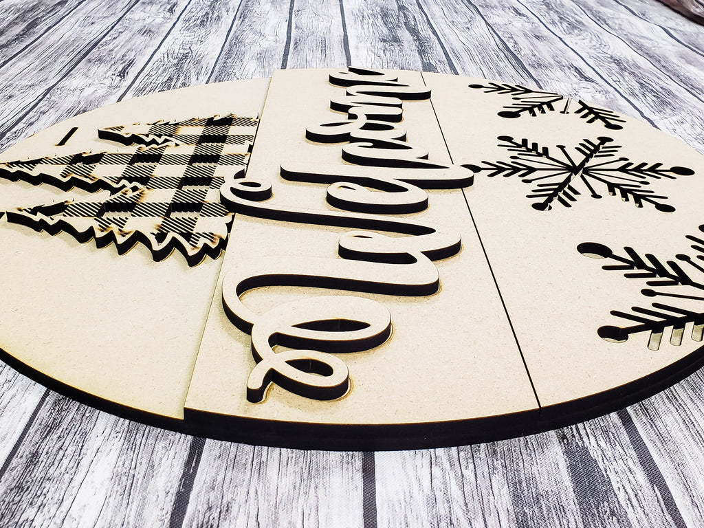 Welcome Buffalo Plaid Pine Tree and Snowflakes Door Hanger Unfinished Kit