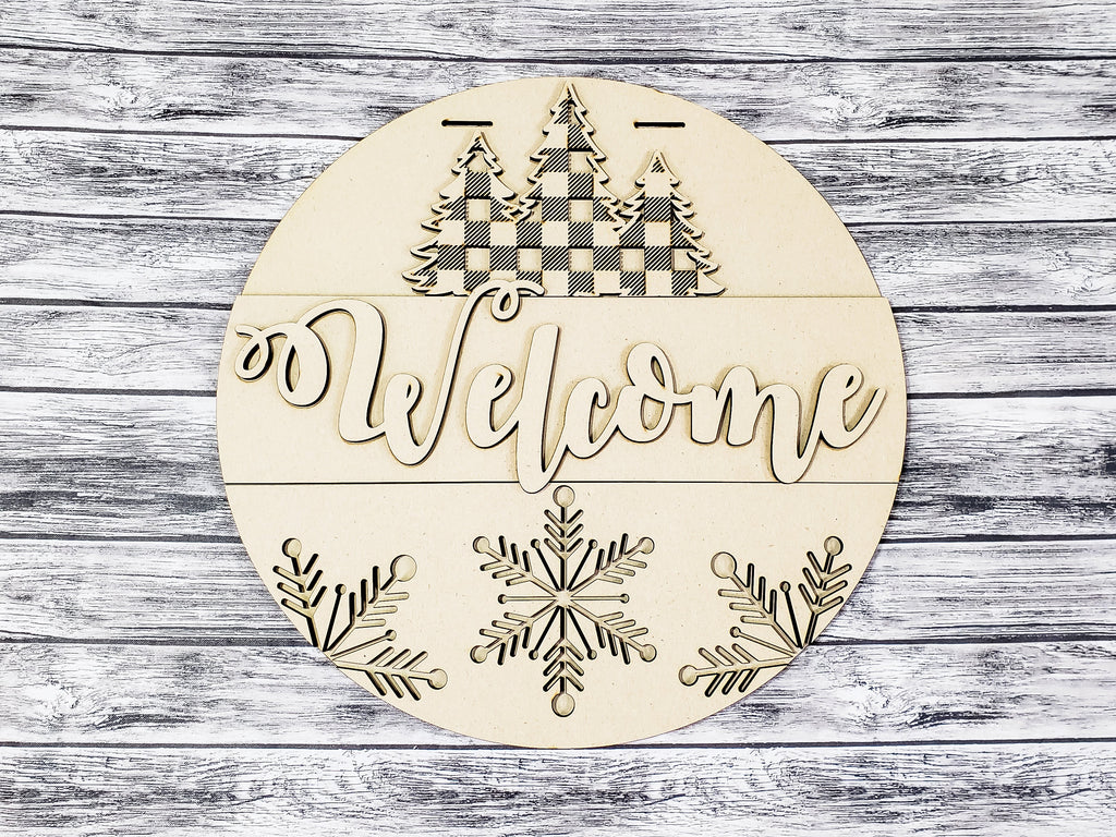 Welcome Buffalo Plaid Pine Tree and Snowflakes Door Hanger Unfinished Kit
