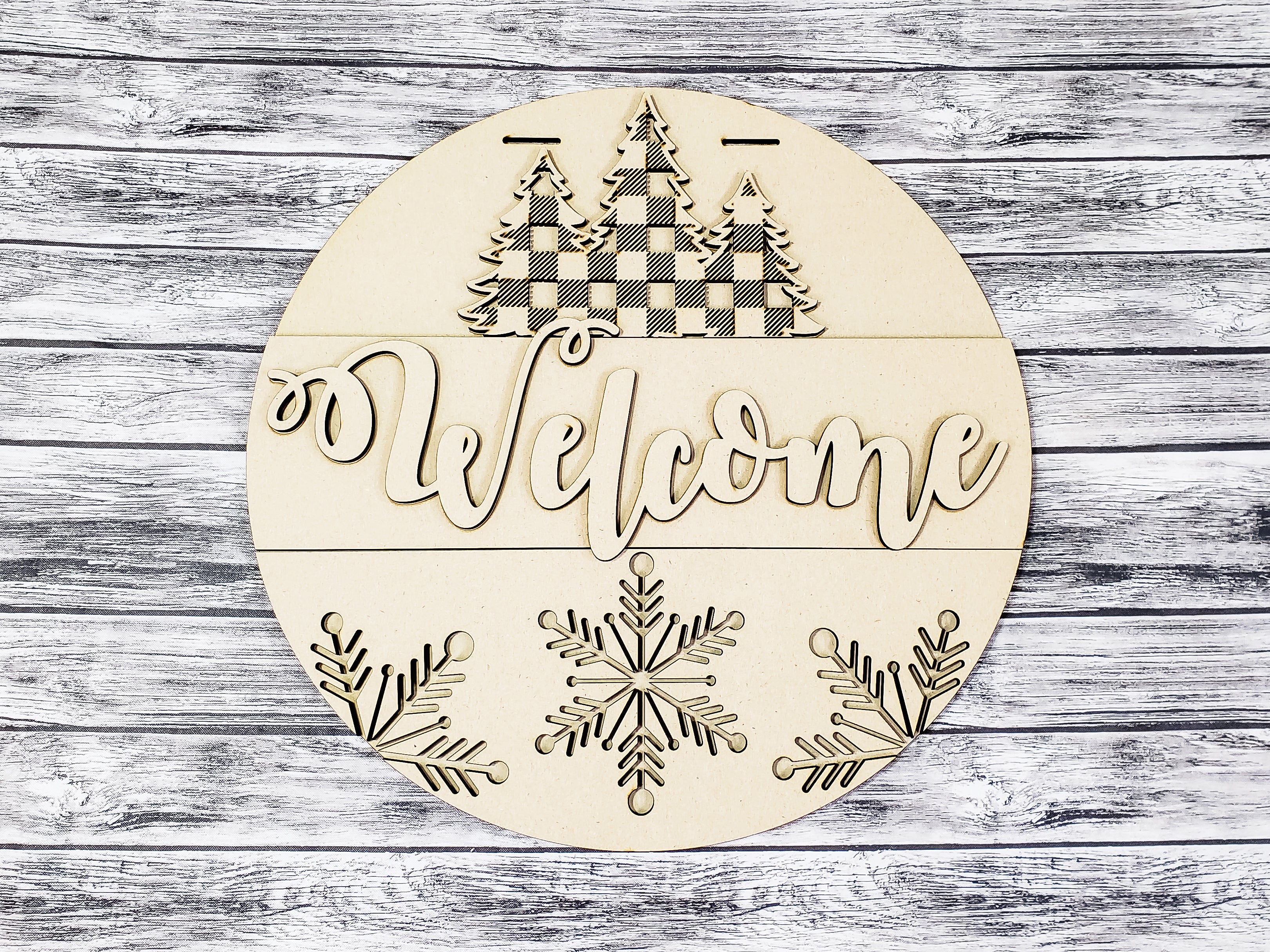 Welcome Buffalo Plaid Pine Tree and Snowflakes Door Hanger Unfinished Kit