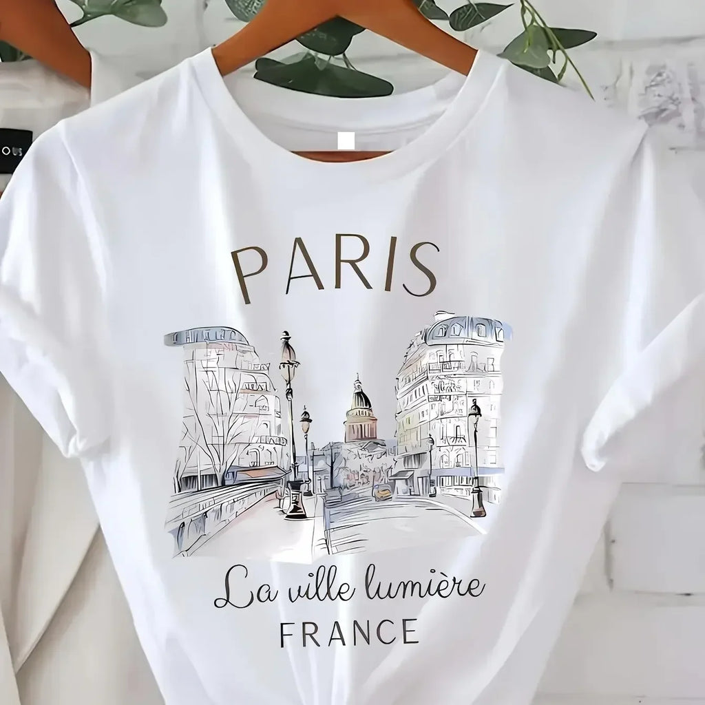 Y2k T Shirt Paris Women Print T-shirt Girl Short Sleeve Crew Neck Casual Top for Summer Spring Women's Clothing