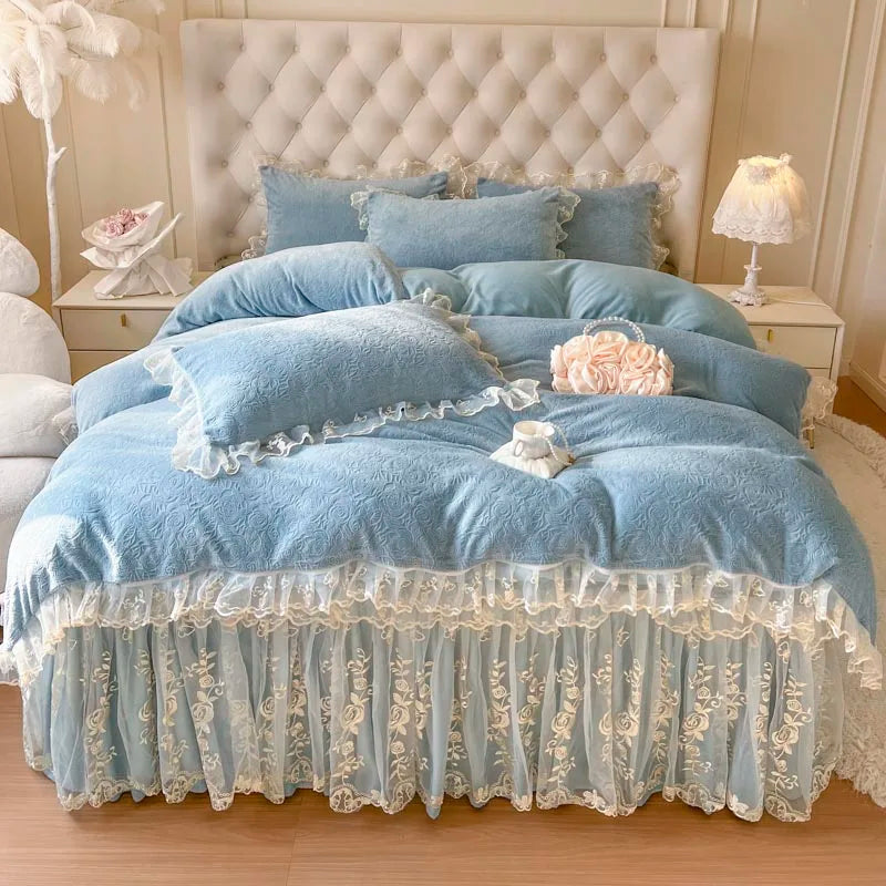 DecorBites™ Lace Princess Bedding Set with Velvet Bed Skirt & Quilt Cover