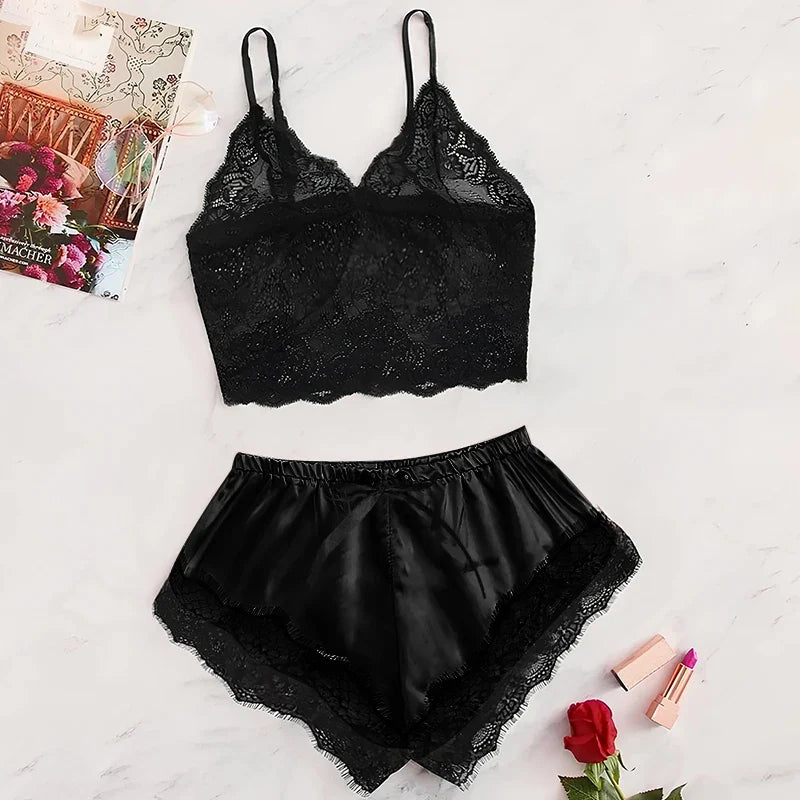 2PCS Women's Satin Pajama Set Lace Cami Top and Shorts Sexy Lingerie Sleepwear Summer Breathable Nightwear Black And Pink