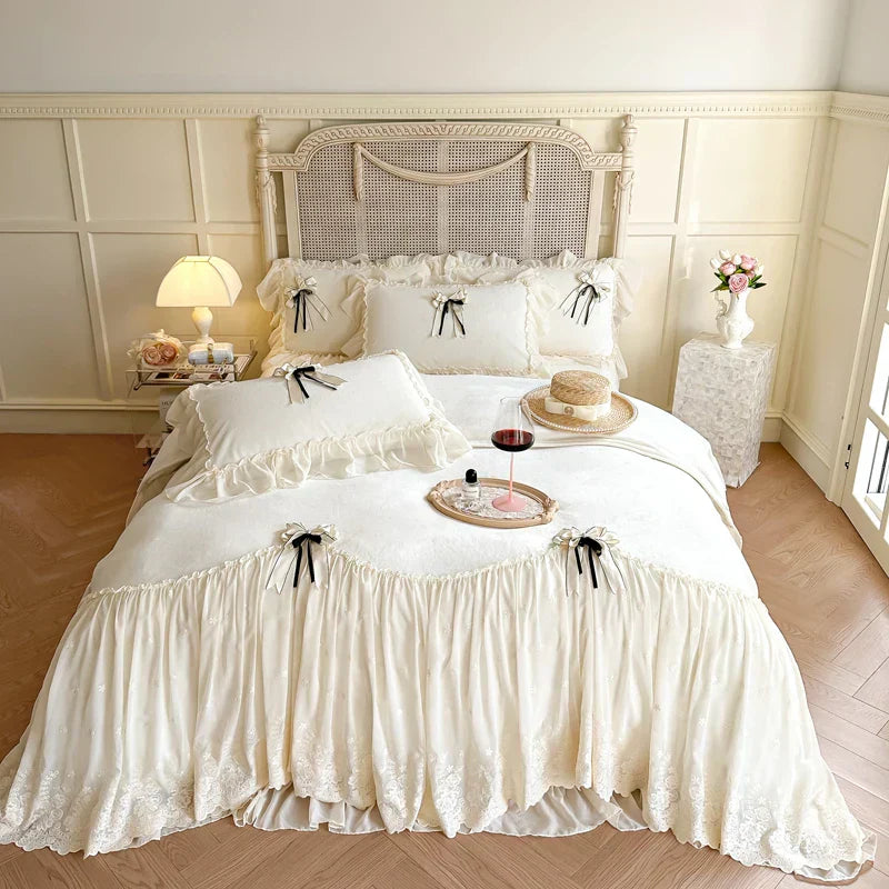 DecorBites™ Lace Ruffles Princess Bedding Set, Velvet Duvet Cover, Plush Bed Sheet, Pillowcases