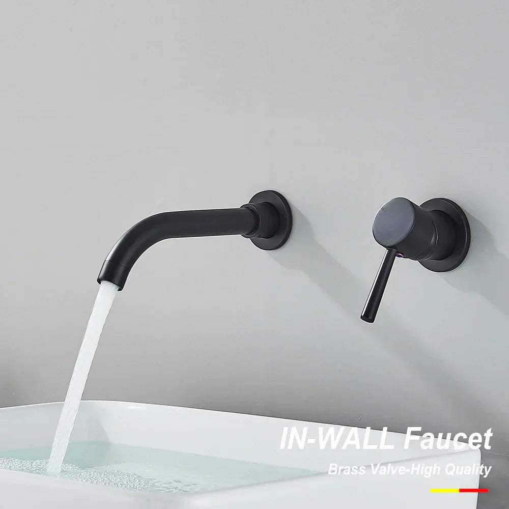 DecorBites™ Gold Brass Bathroom Faucet with Modern Lever Handle, Wall Mount Sink Tap