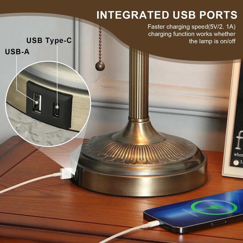 DecorBites™ Green Glass Bankers Desk Lamp with USB Charging Port and Pull Chain Switch
