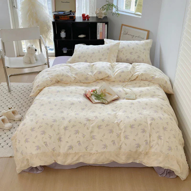 DecorBites™ Lavender Lace Bedding Set: Single Queen Size Duvet, Sheet, Pillowcases