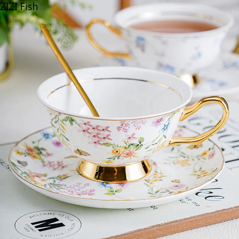 DecorBites™ Gold Flowers Pattern Ceramic Cup & Saucer Set for Elegant Dining Experience