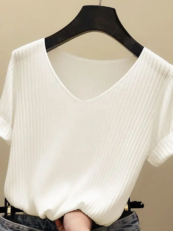 AOSSVIAO 2026 Basic V-neck Solid Thin Summer Women Pullover Female Thin Knitted Ribbed Sweater Slim Short Sleeve Bodycon Sweater