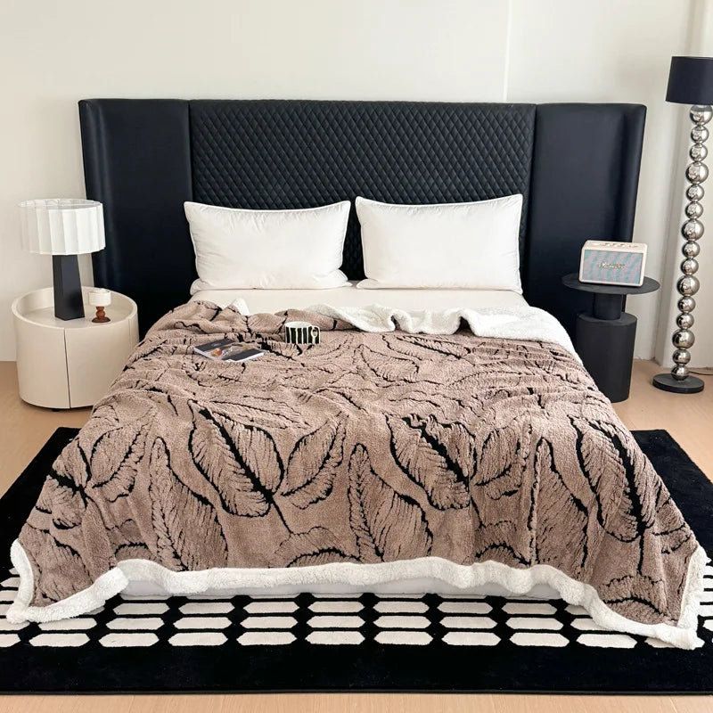 DecorBites™ Leaf Jacquard Double-Layer Flannel Blanket for Sofa and Bed