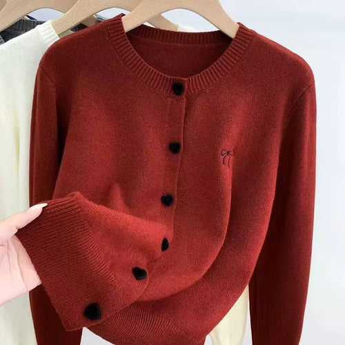 2026 Women Knitted Cardigan Bow Embroidery O-Neck Single Breasted Heart-shaped Button Sweater Korean Casual Solid Knitting Tops