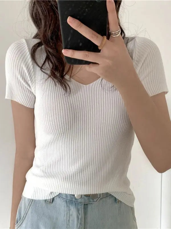 AOSSVIAO 2026 Basic V-neck Solid Thin Summer Pullover Women Female Knitted Ribbed Sweater Slim Short Sleeve Bodycon Sweater