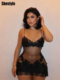 Shestyle Lace Transparent Mini Dress Sexy Women Wrapping Spaghetti Embroidery Flower Sheath Nightwear Club Mesh Wave Fantacy