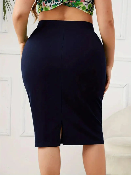 2026 Summer Plus Size Solid Slim Skirt, Casual High Waist Slit Skirt, Women's Plus SizeClothing