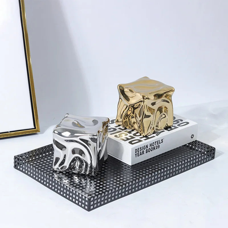 DecorBites™ Gold Ceramic Geometric Irregular Fold Pattern Decorative Figurine