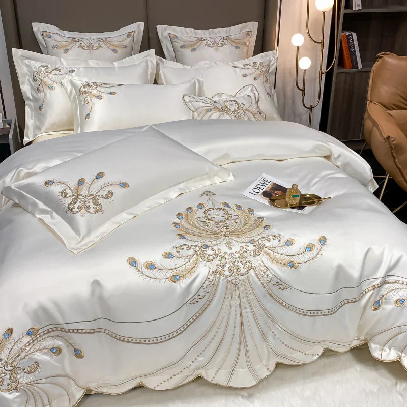DecorBites™ Gold Feather Embroidery Egyptian Cotton Patchwork Bedding Set