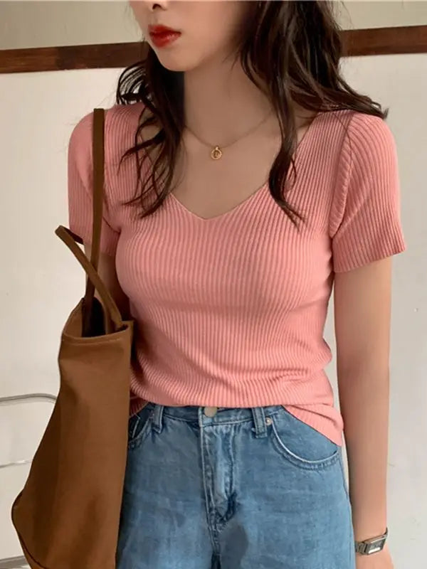 AOSSVIAO 2026 Basic V-neck Solid Thin Summer Pullover Women Female Knitted Ribbed Sweater Slim Short Sleeve Bodycon Sweater