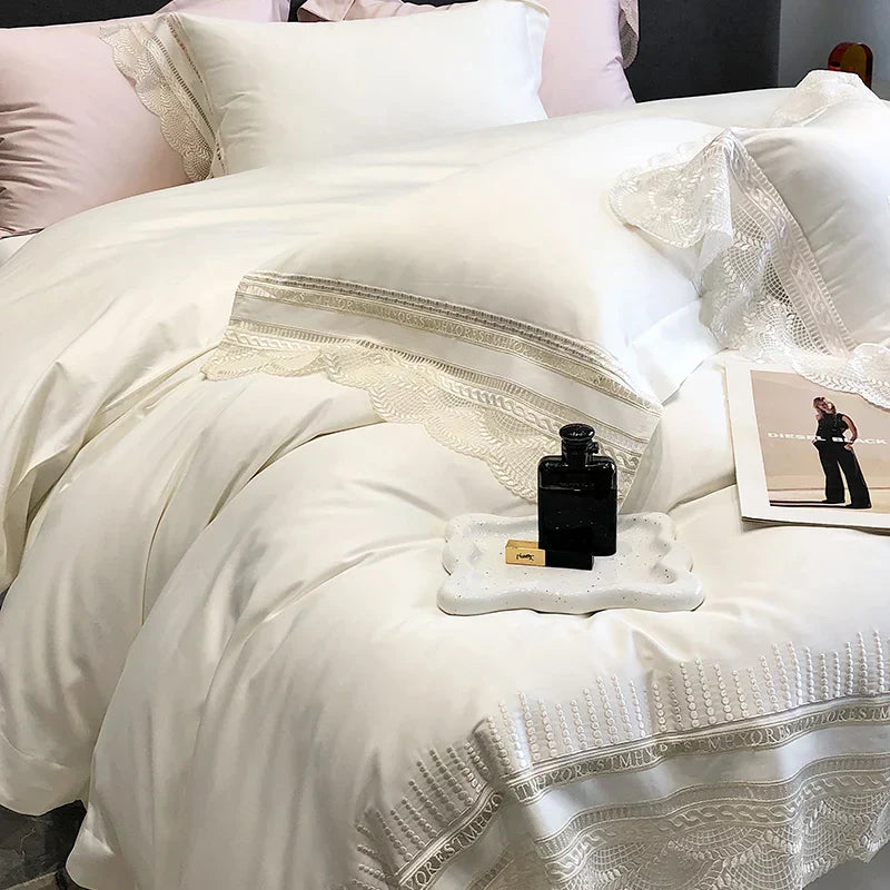 DecorBites™ Lace Ruffle Bedding Set, 1000TC Egyptian Cotton, Luxury Princess Style