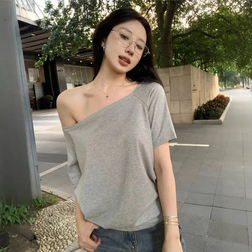 2026 Summer Off Shoulder T-shirt Women Sexy Y2K Korean Fashion Crop Tops Woman Vintage Japanese White Tee Shirt Femme Clothes