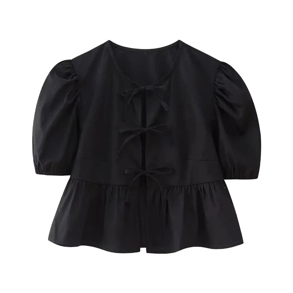 HH Fashion Solid Hollow Out Shirt Women Causal O Neck Short Sleeved Lace Up Tops Chic Female Casual Blouse Streetwear 2024