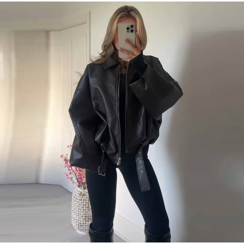 Vintage PU Leather Bomber Jackets 2025 Autumn New Ladies Zipper Lapel Long Sleeve Pocket Coat With Belt Women's Loose Streetwear