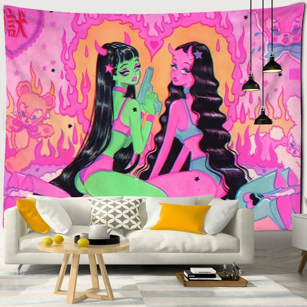 DecorBites™ Kawaii Women Tapestry Anime Girl Illustration Aesthetic Art Hippie Dorm Decor