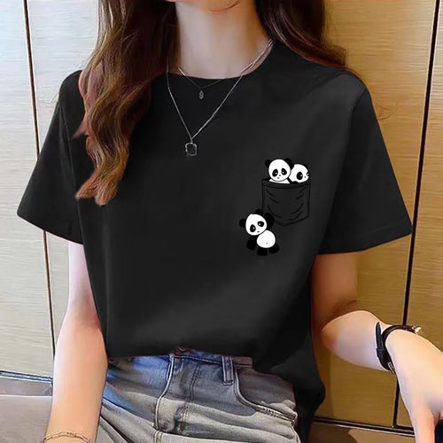 2026 Women's New Spring/Summer Fashion Trend Solid Color Short-Sleeve Panda Print Elegant Loose-Fit Crew Neck T-Shirt