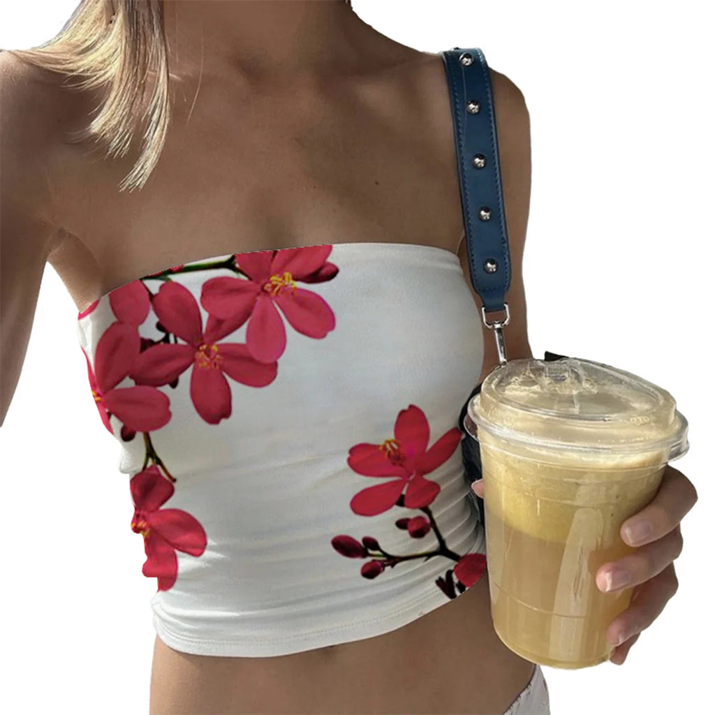 Women's Floral Print Tube Tops Summer Strapless Bandeau Tops Slim Fit Shirts Streetwear