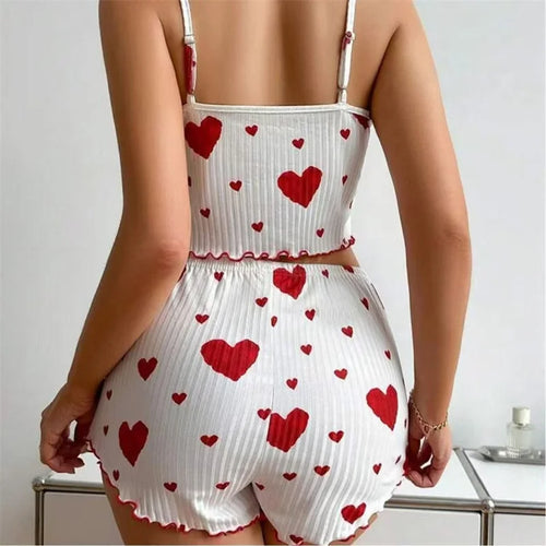 5 Size Choose S M L XL 2XL Women's Pajamas Set Straps Sleepwear Vest + Shorts Red Heart Print Nightwear Sexy Lingerie