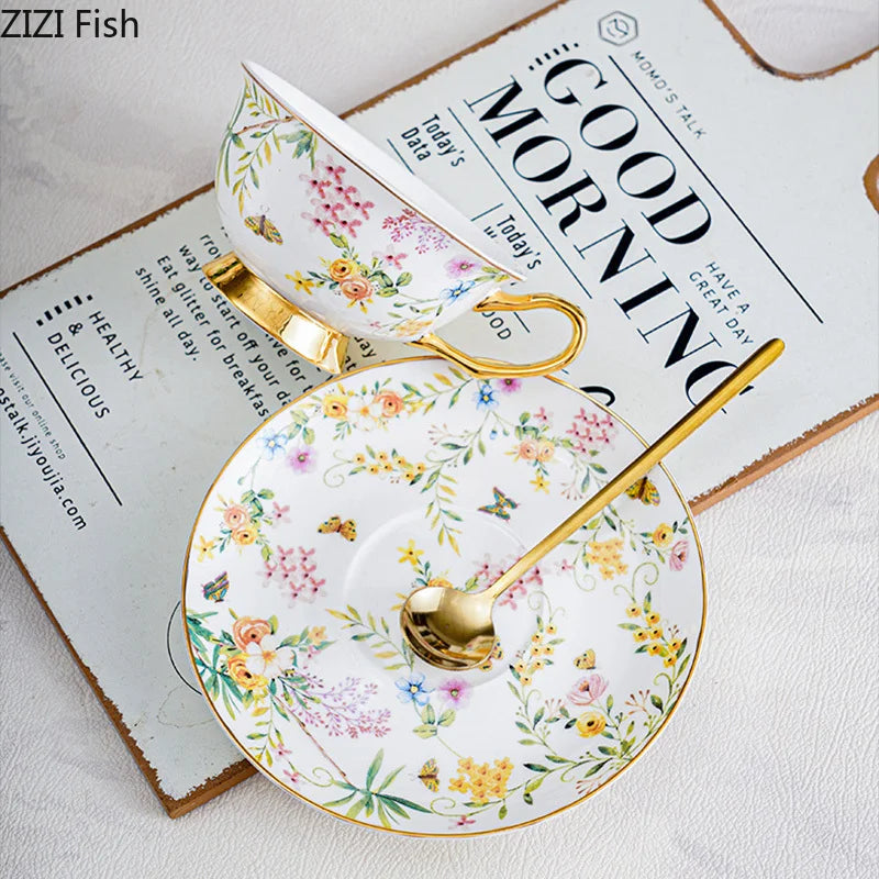 DecorBites™ Gold Flowers Pattern Ceramic Cup & Saucer Set for Elegant Dining Experience