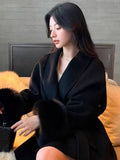 Solid Lace Up Faux Fur Sleeve Jacket Woman Elegant Mid-length V-neck Woolen Blend Coat Autumn Casual Fashion Scarf Outwear 2025