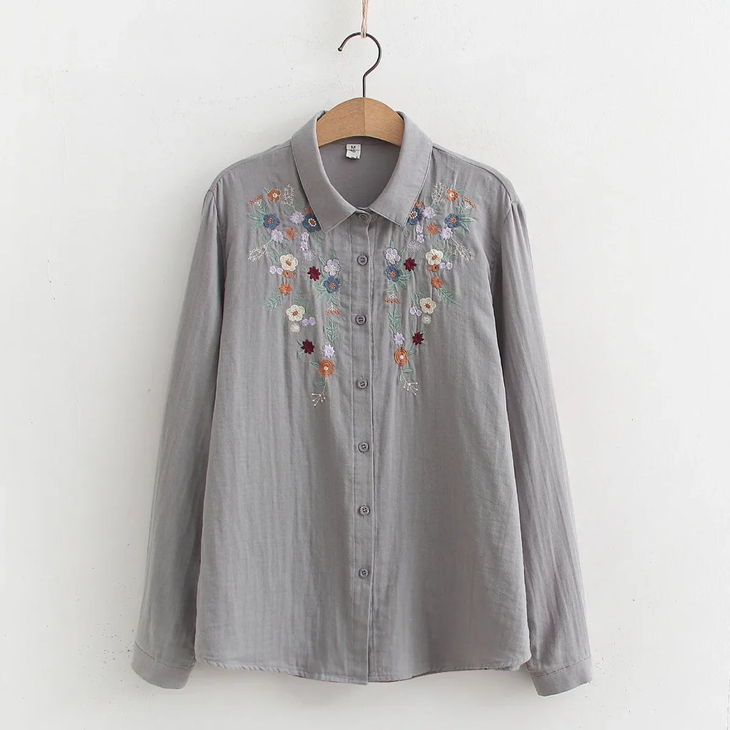 Spring Double 100% Cotton Yarn Shirts Women Turn-down Collar Loose Tops Girl Long Sleeve Embroidery Blouses 2024 Autumn T42909QM