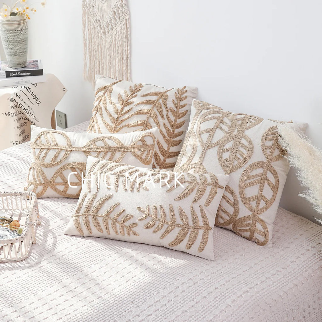 DecorBites™ Leaves Embroidered Pillow Cover - 45*45 Decorative Cushion for Living Room