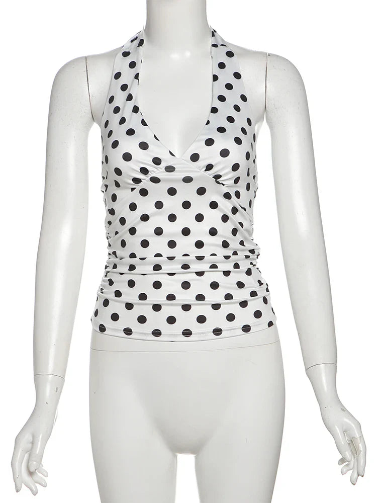 Weird Puss Polka Dot Print Vest Women Y2K Lace-Up Backless Halter v-Neck Skinny Summer Trend Daily  Street Basic Chic Tank Tops