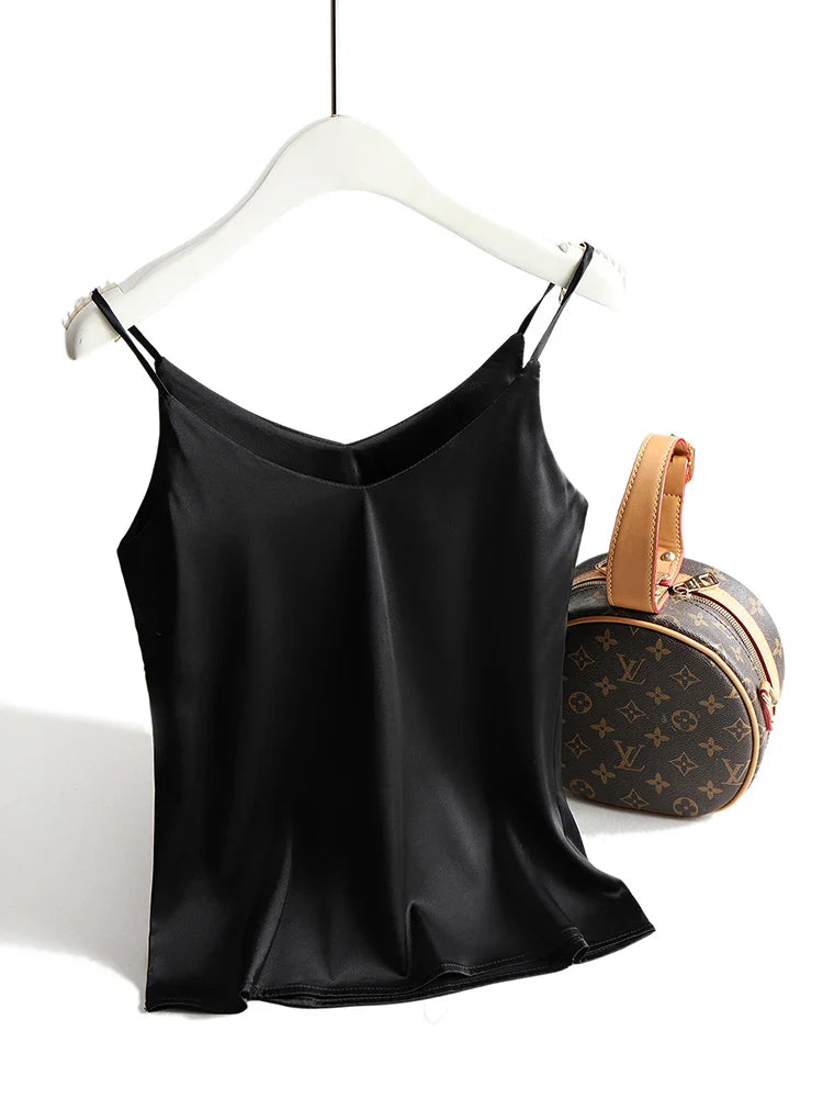 AOSSVIAO 2026 Spaghetti Strap Top Women Halter V Neck Basic White Cami Sleeveless Satin Silk Tank Tops Women'S Summer Camisole