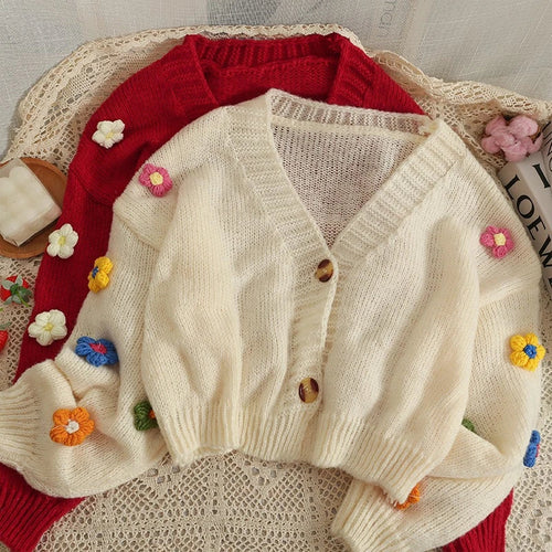 2026 New Spring Autumn Colourful Applique Flower Cardigan for Women Cute Long  V-neck Knit Crop Sweater Girl Soft Knitwear
