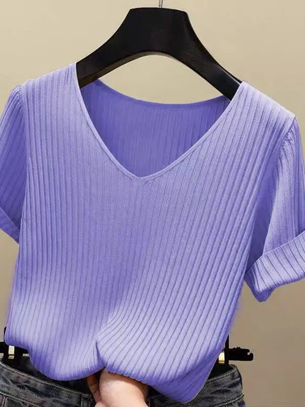 AOSSVIAO 2026 Basic V-neck Solid Thin Summer Women Pullover Female Thin Knitted Ribbed Sweater Slim Short Sleeve Bodycon Sweater