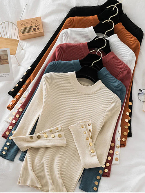 2026 women thick sweater pullovers khaki casual autumn winter button o-neck chic sweater female slim knit top soft jumper tops