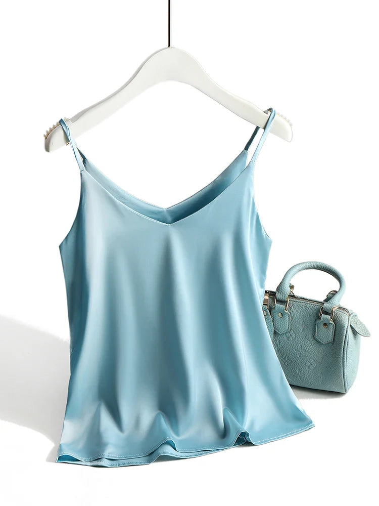 AOSSVIAO 2026 Spaghetti Strap Top Women Halter V Neck Basic White Cami Sleeveless Satin Silk Tank Tops Women'S Summer Camisole