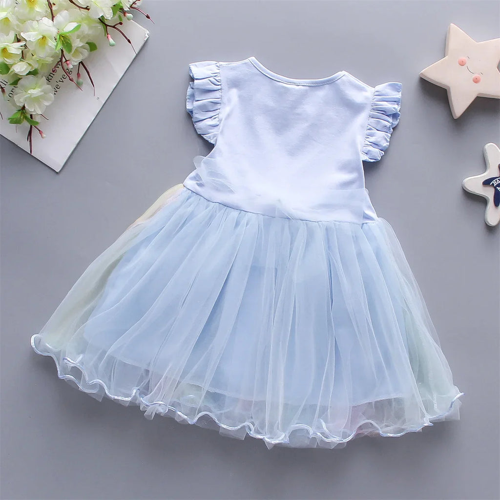 A Cute Girl'S Dress From 0 To 3 Years Old In Summer Sleeveless Love Trojan Horse Print Patchwork Rainbow Mesh Daily Casual Dress