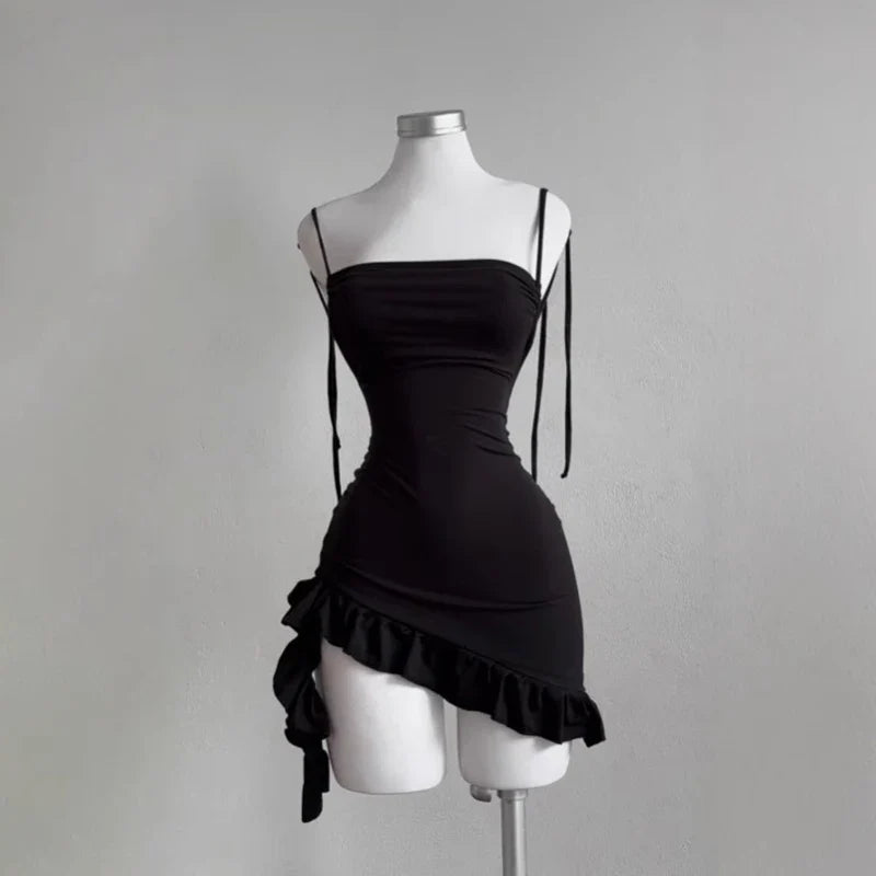 2025 Sexy Sleelveless Backless Mini Dress Women Summer Europe America Lace Up Bodycon Dresses High Street Party Club Black Dress