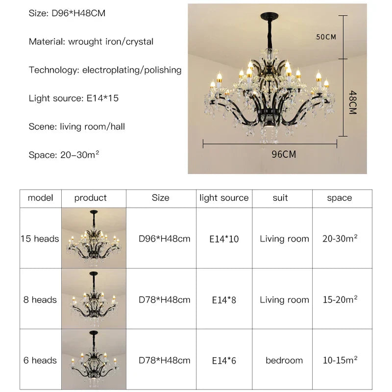 Elegant black crystal candle chandelier lighting dining room pendant