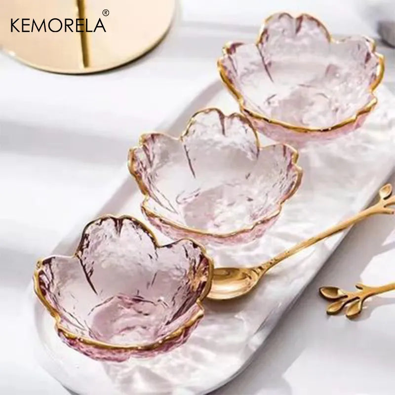DecorBites™ Japanese Style Glass Plates with Golden Border - Set of 3 | Mini Seasoning Dessert Bowls